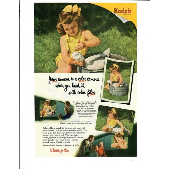 Kodak Camera Color Film Little Girl Bathing Pet Duck Print Ad 1951 - Picture 1 of 1